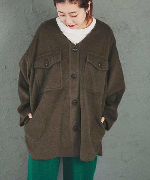 coen(コーエン)の「柔らかフェルト生地。ノーカラーCPOジャケット#(カバーオール・レディース・ブラック/グレー/モカ/ナチュラル・FREE)」の5枚目の写真