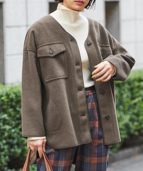 coen(コーエン)の「柔らかフェルト生地。ノーカラーCPOジャケット#(カバーオール・レディース・ブラック/グレー/モカ/ナチュラル・FREE)」の7枚目の写真