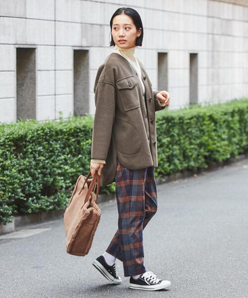 coen(コーエン)の「柔らかフェルト生地。ノーカラーCPOジャケット#(カバーオール・レディース・ブラック/グレー/モカ/ナチュラル・FREE)」の8枚目の写真