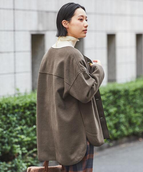 coen(コーエン)の「柔らかフェルト生地。ノーカラーCPOジャケット#(カバーオール・レディース・ブラック/グレー/モカ/ナチュラル・FREE)」の11枚目の写真