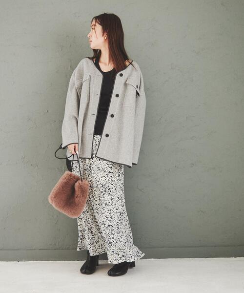 coen(コーエン)の「柔らかフェルト生地。ノーカラーCPOジャケット#(カバーオール・レディース・ブラック/グレー/モカ/ナチュラル・FREE)」の18枚目の写真