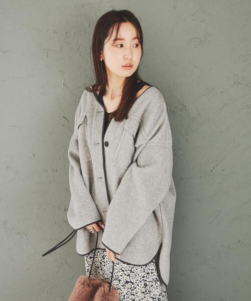 coen(コーエン)の「柔らかフェルト生地。ノーカラーCPOジャケット#(カバーオール・レディース・ブラック/グレー/モカ/ナチュラル・FREE)」の19枚目の写真