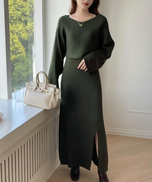 リブキャミワンピ＋ボリュームスリーブニットトップスセット