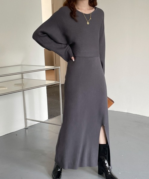 リブキャミワンピ＋ボリュームスリーブニットトップスセット