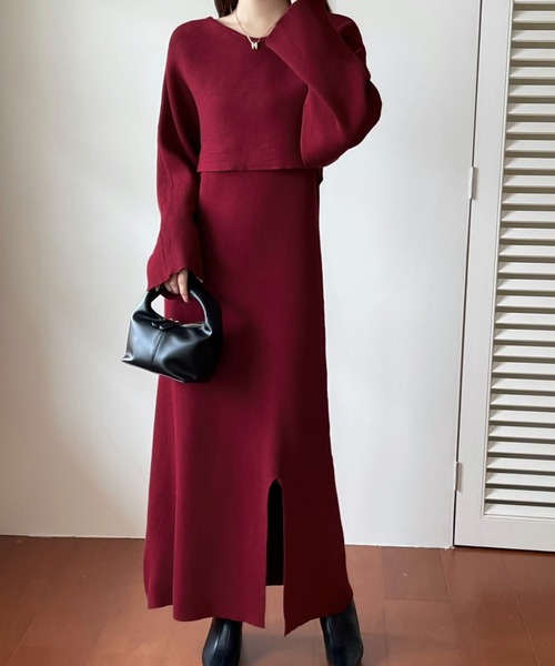 リブキャミワンピ＋ボリュームスリーブニットトップスセット