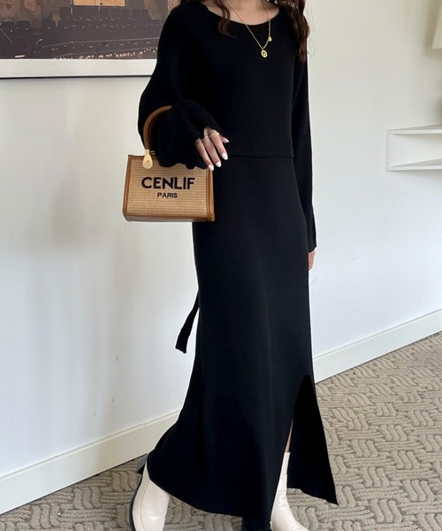 リブキャミワンピ＋ボリュームスリーブニットトップスセット