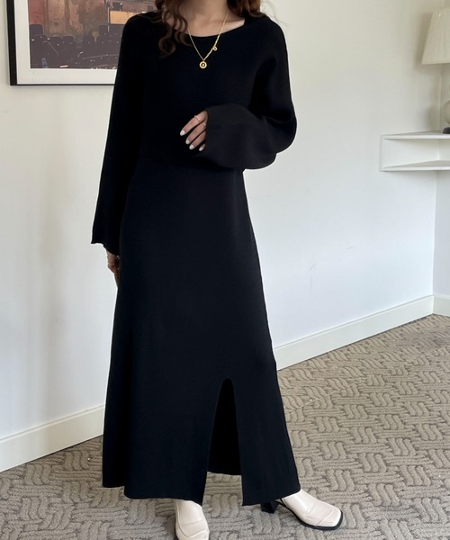 リブキャミワンピ＋ボリュームスリーブニットトップスセット