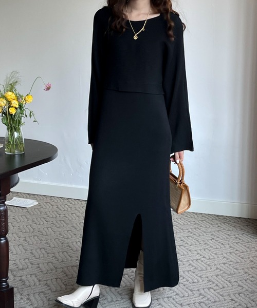 リブキャミワンピ＋ボリュームスリーブニットトップスセット