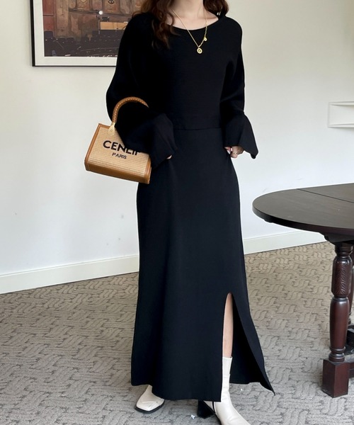 リブキャミワンピ＋ボリュームスリーブニットトップスセット