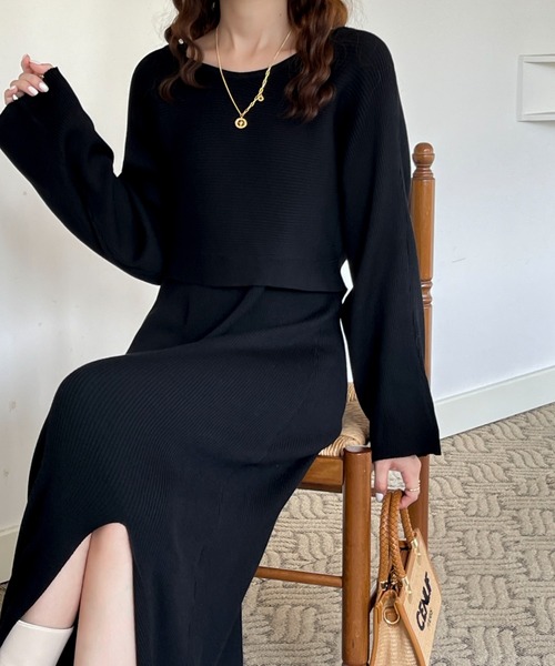 リブキャミワンピ＋ボリュームスリーブニットトップスセット