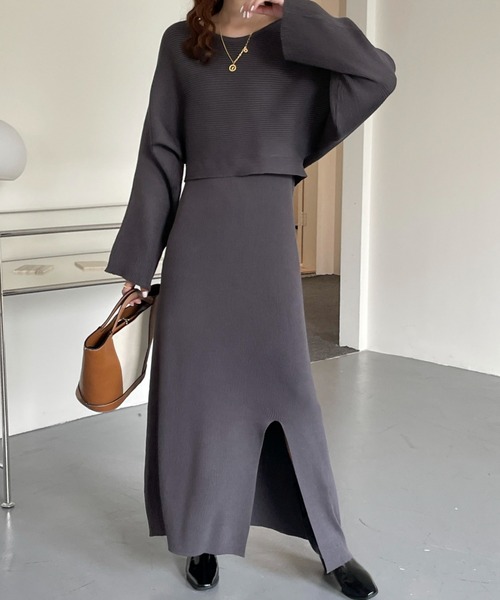 リブキャミワンピ＋ボリュームスリーブニットトップスセット