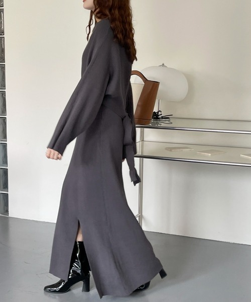 リブキャミワンピ＋ボリュームスリーブニットトップスセット