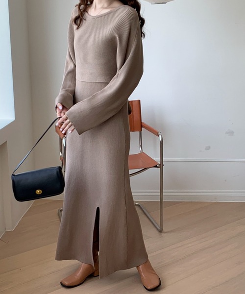 リブキャミワンピ＋ボリュームスリーブニットトップスセット