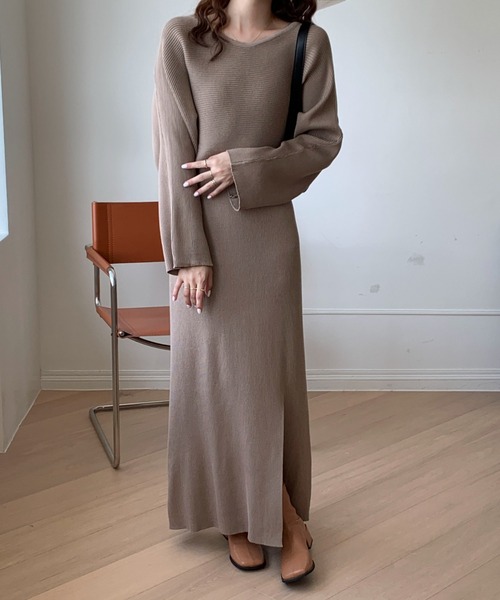 リブキャミワンピ＋ボリュームスリーブニットトップスセット