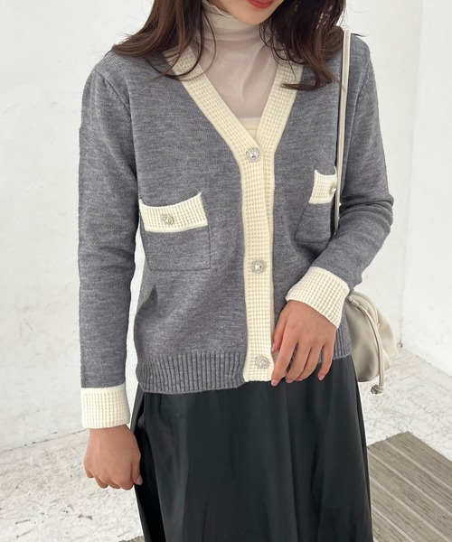 Lamoa(ラモア)の「Lamoa/Vネック バイカラー ニットカーディガン(カーディガン/ボレロ・レディース・ブラック/グレー/ホワイト・FREE)」の14枚目の写真