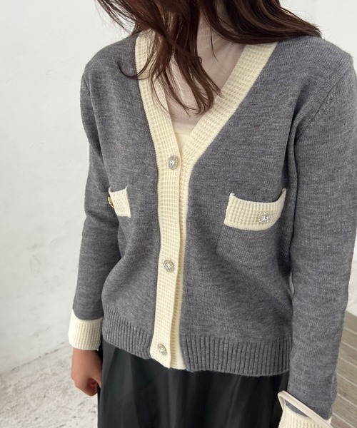 Lamoa(ラモア)の「Lamoa/Vネック バイカラー ニットカーディガン(カーディガン/ボレロ・レディース・ブラック/グレー/ホワイト・FREE)」の18枚目の写真