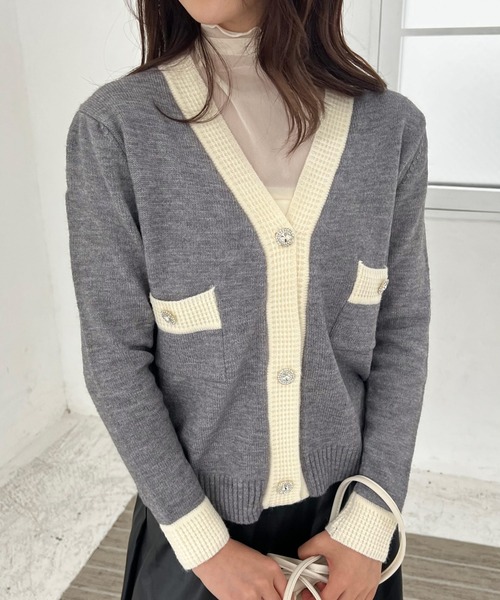 Lamoa(ラモア)の「Lamoa/Vネック バイカラー ニットカーディガン(カーディガン/ボレロ・レディース・ブラック/グレー/ホワイト・FREE)」の19枚目の写真