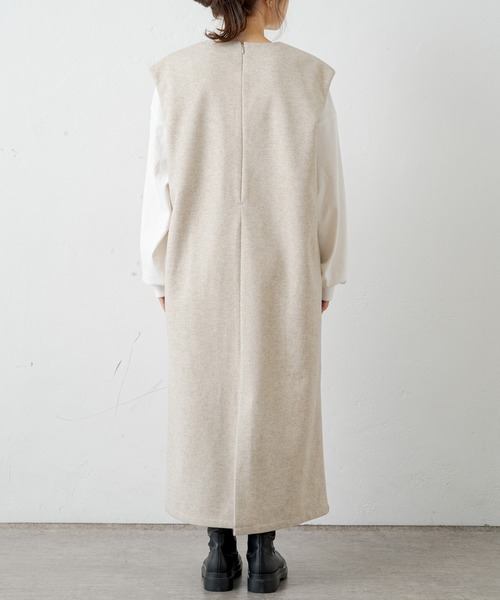 PUAL CE CIN(ピュアルセシン)の「圧縮ニットジャージーキーネックジャンパースカート(ワンピース・レディース・ブラック/ベージュ・FREE)」の7枚目の写真
