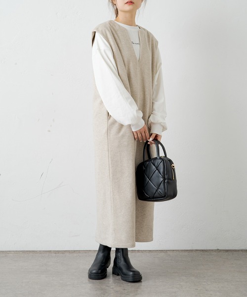 PUAL CE CIN(ピュアルセシン)の「圧縮ニットジャージーキーネックジャンパースカート(ワンピース・レディース・ブラック/ベージュ・FREE)」の11枚目の写真