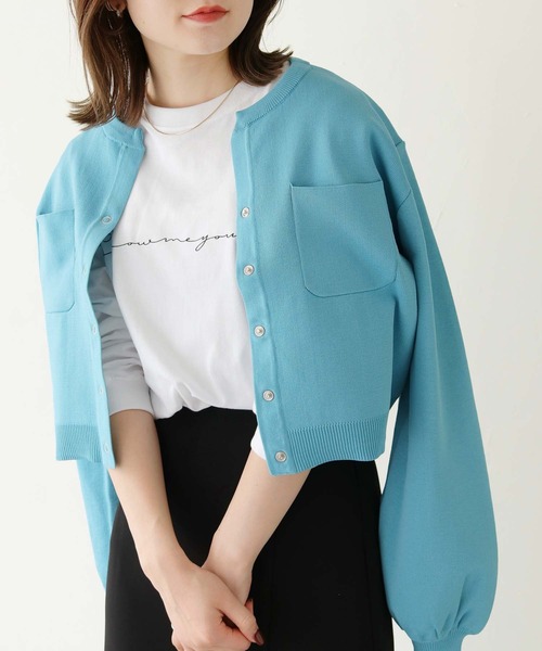 HER CLOSET（ハークローゼット）の「【shemoshelly】ポケットスウェットライクニットカーディガン ショート丈（カーディガン/ボレロ・レディース・ホワイト/ブラック/サックスブルー/オレンジ/グリーン・M）」の4枚目の写真