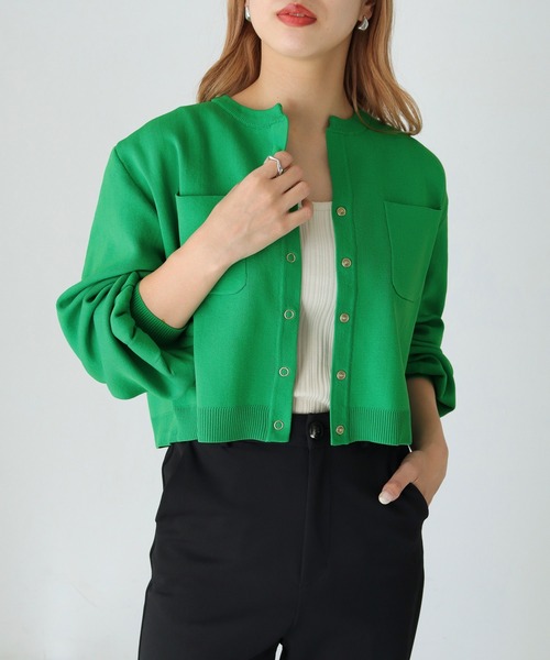 HER CLOSET（ハークローゼット）の「【shemoshelly】ポケットスウェットライクニットカーディガン ショート丈（カーディガン/ボレロ・レディース・ホワイト/ブラック/サックスブルー/オレンジ/グリーン・M）」の14枚目の写真