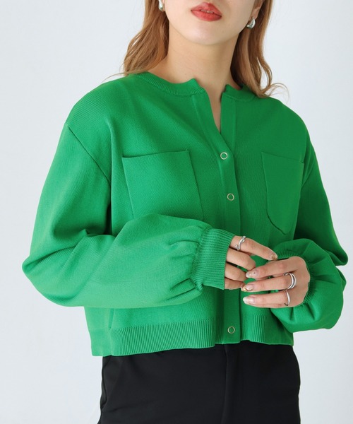 HER CLOSET（ハークローゼット）の「【shemoshelly】ポケットスウェットライクニットカーディガン ショート丈（カーディガン/ボレロ・レディース・ホワイト/ブラック/サックスブルー/オレンジ/グリーン・M）」の6枚目の写真