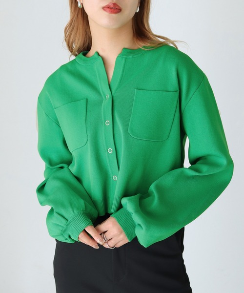 HER CLOSET（ハークローゼット）の「【shemoshelly】ポケットスウェットライクニットカーディガン ショート丈（カーディガン/ボレロ・レディース・ホワイト/ブラック/サックスブルー/オレンジ/グリーン・M）」の7枚目の写真