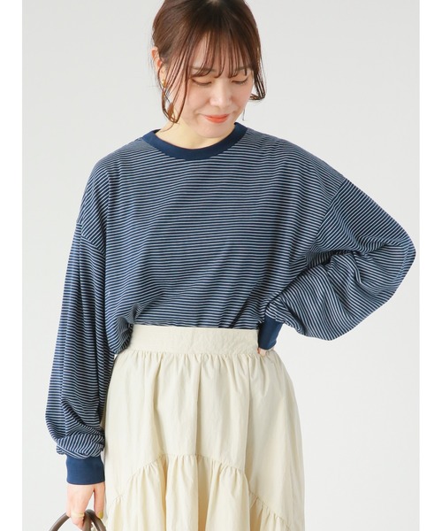 ehka sopo(エヘカソポ)の「細ボーダーロンT(Tシャツ/カットソー・レディース・オフホワイト/ネイビー/ピンク・フリ-)」の3枚目の写真