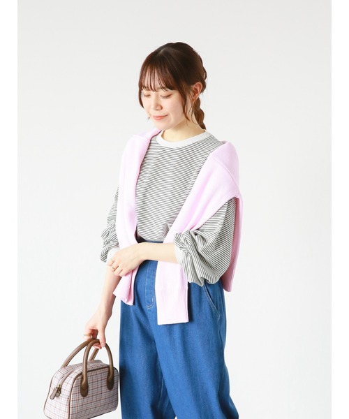 ehka sopo(エヘカソポ)の「細ボーダーロンT(Tシャツ/カットソー・レディース・オフホワイト/ネイビー/ピンク・フリ-)」の2枚目の写真