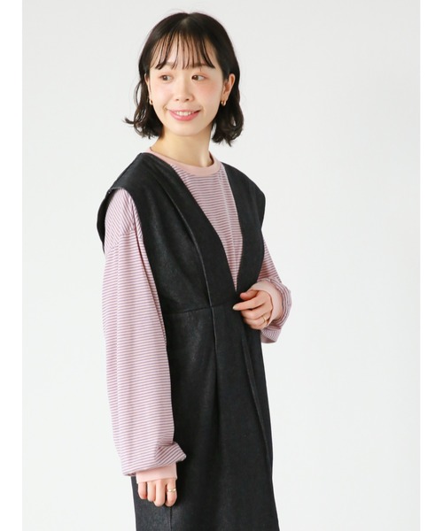 ehka sopo(エヘカソポ)の「細ボーダーロンT(Tシャツ/カットソー・レディース・オフホワイト/ネイビー/ピンク・フリ-)」の1枚目の写真