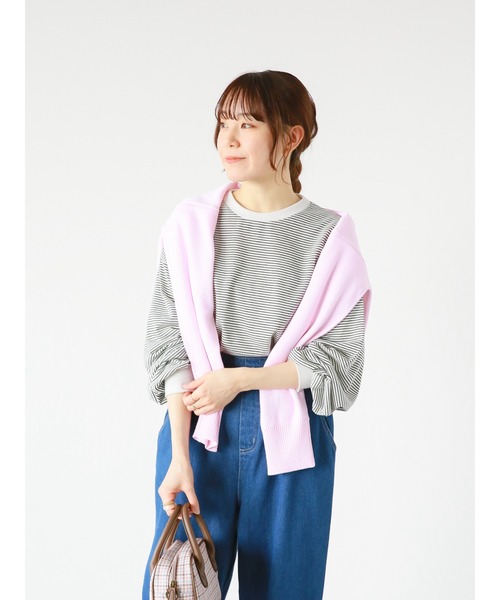 ehka sopo(エヘカソポ)の「細ボーダーロンT(Tシャツ/カットソー・レディース・オフホワイト/ネイビー/ピンク・フリ-)」の10枚目の写真