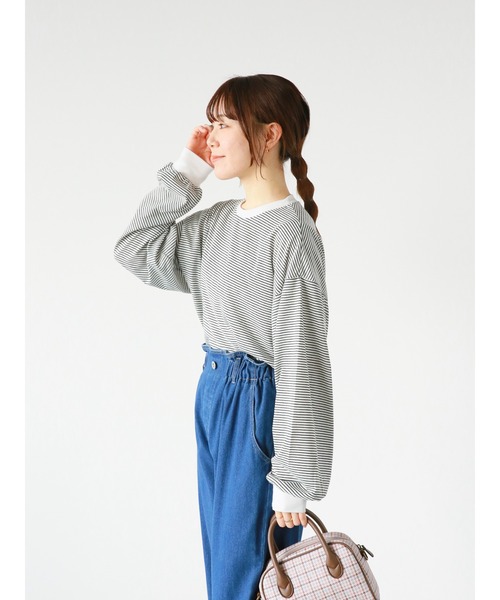 ehka sopo(エヘカソポ)の「細ボーダーロンT(Tシャツ/カットソー・レディース・オフホワイト/ネイビー/ピンク・フリ-)」の5枚目の写真