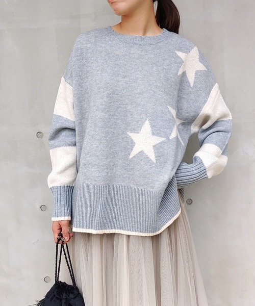 Q（キュー）の「ボーダースターニット（ニット/セーター・レディース・アイボリー/ブラック/グレー・MEDIUM）」の3枚目の写真