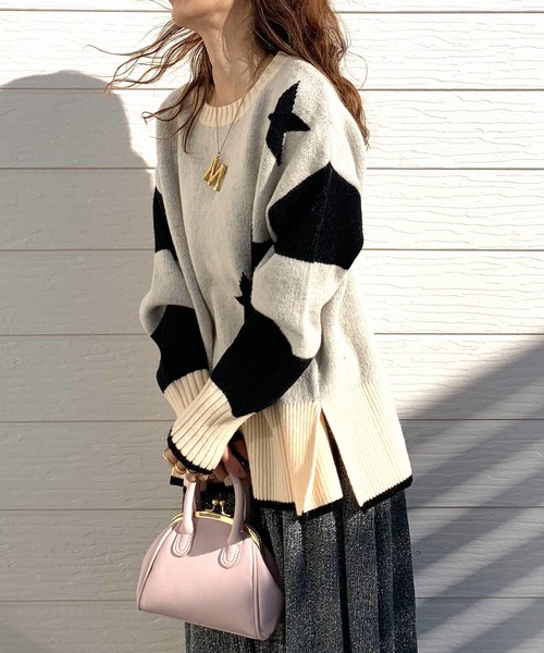 Q（キュー）の「ボーダースターニット（ニット/セーター・レディース・アイボリー/ブラック/グレー・MEDIUM）」の14枚目の写真