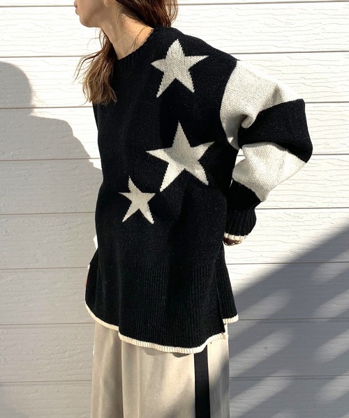 Q（キュー）の「ボーダースターニット（ニット/セーター・レディース・アイボリー/ブラック/グレー・MEDIUM）」の5枚目の写真