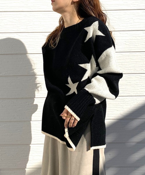 Q（キュー）の「ボーダースターニット（ニット/セーター・レディース・アイボリー/ブラック/グレー・MEDIUM）」の6枚目の写真