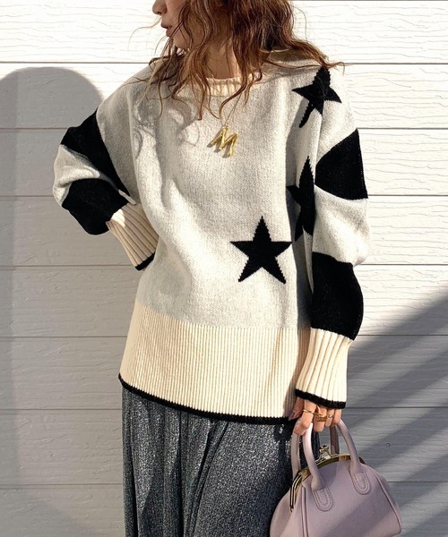 Q（キュー）の「ボーダースターニット（ニット/セーター・レディース・アイボリー/ブラック/グレー・MEDIUM）」の22枚目の写真