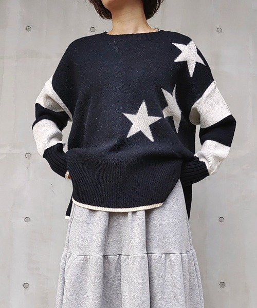 Q（キュー）の「ボーダースターニット（ニット/セーター・レディース・アイボリー/ブラック/グレー・MEDIUM）」の17枚目の写真