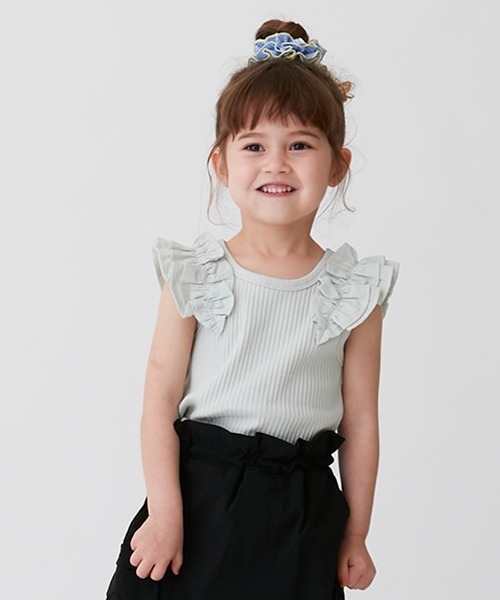 petit main（プティマイン）の「【リンク/接触冷感】肩フリルタンク（タンクトップ・キッズ・ライトグリーン/オフホワイト/イエロー/ピンク・120cm/130cm/90cm/100cm/110cm/80ｃｍ）」の3枚目の写真