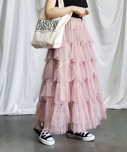 me+em select（ミームセレクト）の「【 7 color／裏地付 】ビッグフリルシースルーボリュームカラーチュールスカート（スカート・レディース・パープル/ブラウン/スモークピンク/ブラック/ブルー/アイボリー/ミント・FREE）」の7枚目の写真