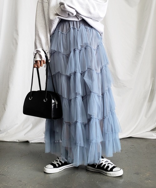me+em select（ミームセレクト）の「【 7 color／裏地付 】ビッグフリルシースルーボリュームカラーチュールスカート（スカート・レディース・パープル/ブラウン/スモークピンク/ブラック/ブルー/アイボリー/ミント・FREE）」の22枚目の写真