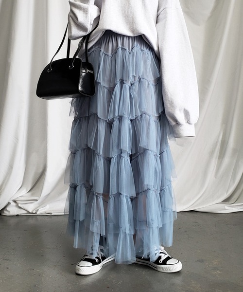 me+em select（ミームセレクト）の「【 7 color／裏地付 】ビッグフリルシースルーボリュームカラーチュールスカート（スカート・レディース・パープル/ブラウン/スモークピンク/ブラック/ブルー/アイボリー/ミント・FREE）」の19枚目の写真