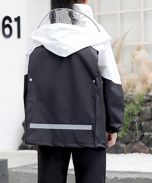 セール】キッズ バイカラークリアバイザーレインコート+レインパンツ+