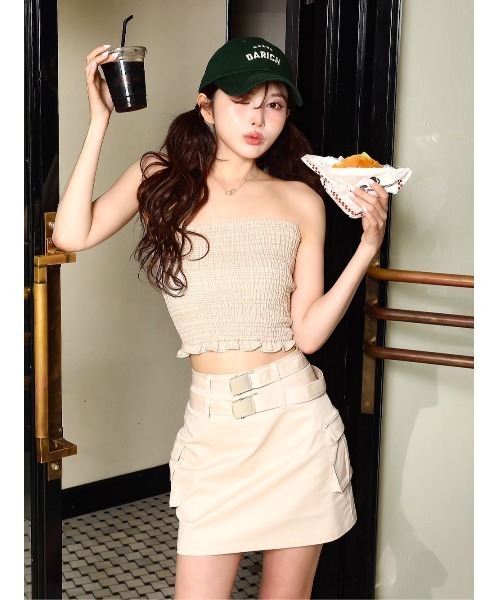 Darich（ダーリッチ）の「サマーチェックシャーリングベアトップ（チューブトップ・レディース・ミント/ベージュ/ピンク・FREE）」の2枚目の写真