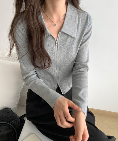 セール】ダブルファスナークロップド丈リブ編みトップス（Tシャツ