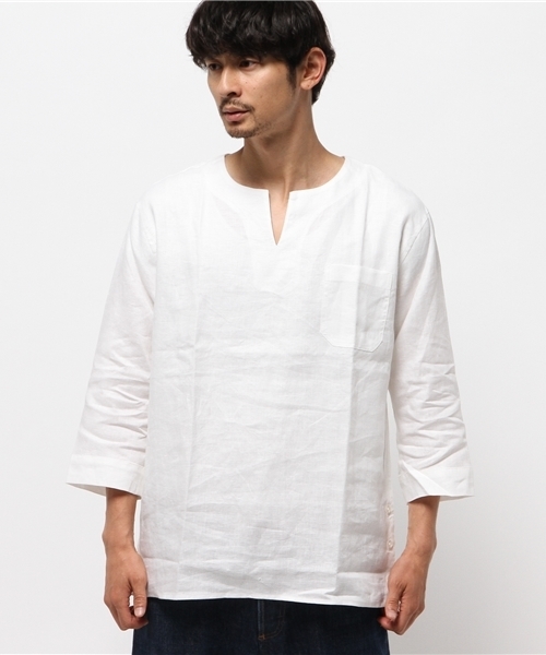 WEGO（ウィゴー）の「WEGO/リネンプルオーバーシャツ（シャツ/ブラウス・メンズ・ネイビー/ホワイト・LARGE/MEDIUM）」の3枚目の写真