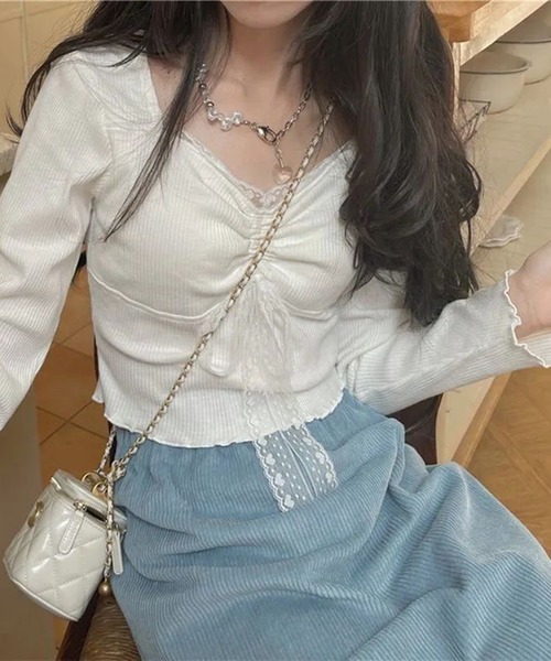 SHEPP（シープ）の「シャーリング レーススクエアネックリボンロンT（Tシャツ/カットソー・レディース・ホワイト・S/L/M）」の3枚目の写真