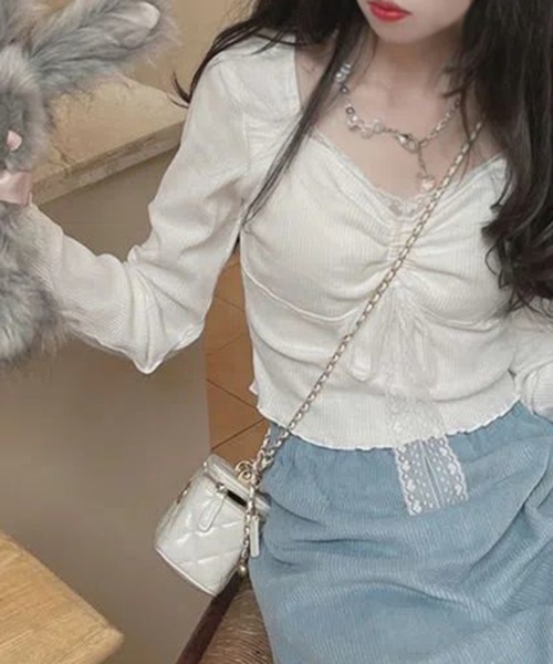 SHEPP（シープ）の「シャーリング レーススクエアネックリボンロンT（Tシャツ/カットソー・レディース・ホワイト・S/L/M）」の4枚目の写真