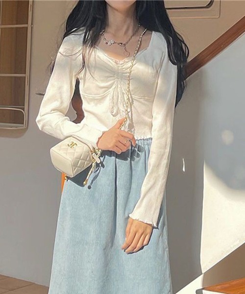 SHEPP（シープ）の「シャーリング レーススクエアネックリボンロンT（Tシャツ/カットソー・レディース・ホワイト・S/L/M）」の6枚目の写真