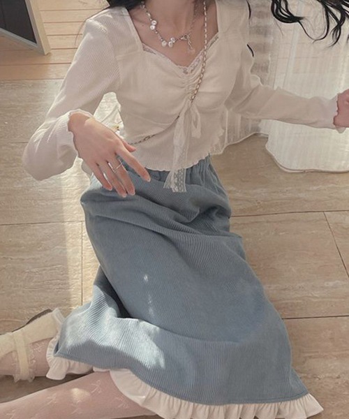 SHEPP（シープ）の「シャーリング レーススクエアネックリボンロンT（Tシャツ/カットソー・レディース・ホワイト・S/L/M）」の7枚目の写真